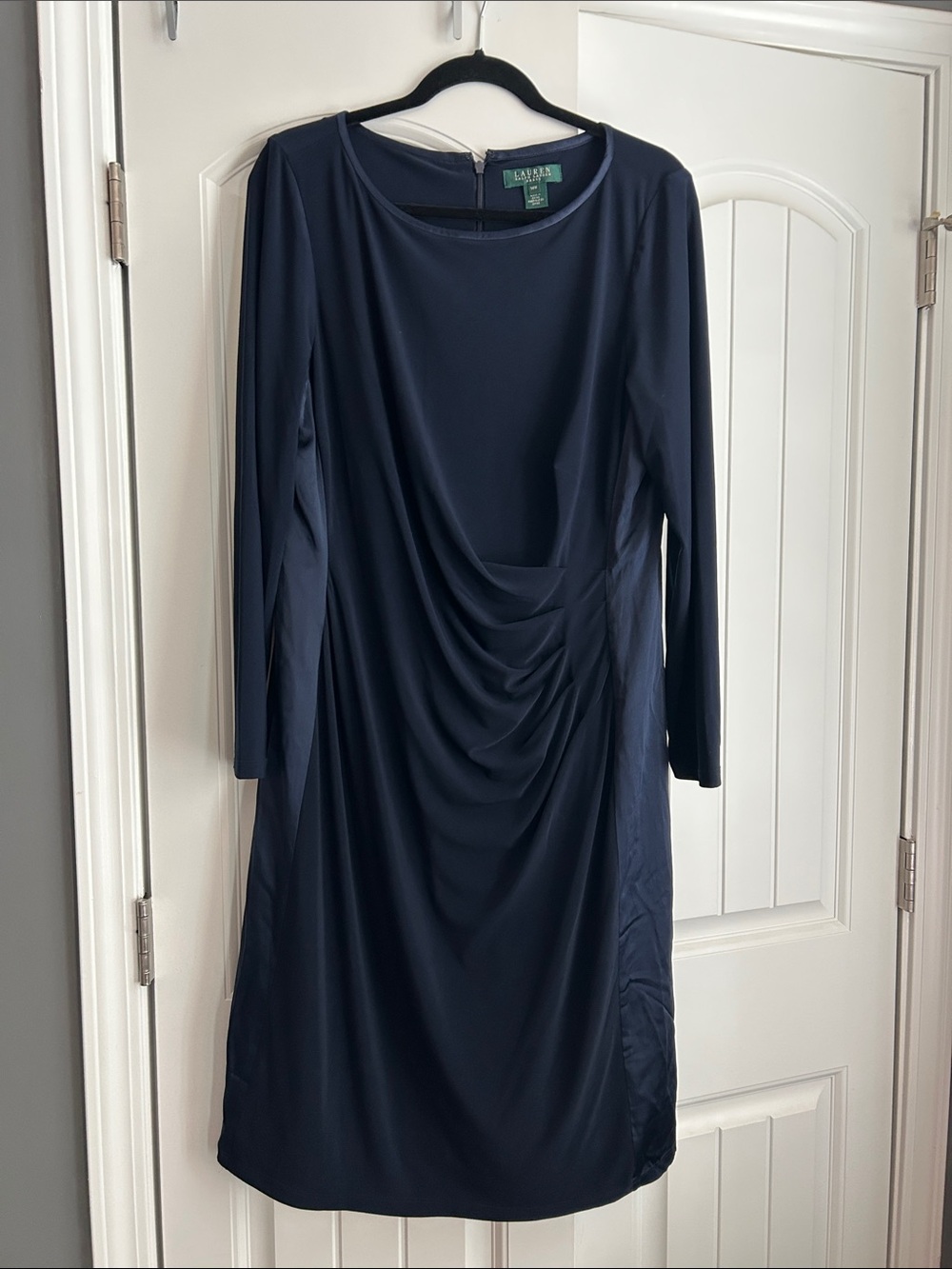 Lauren Ralph Lauren Draped Long-Sleeve Navy Sheath Dress
